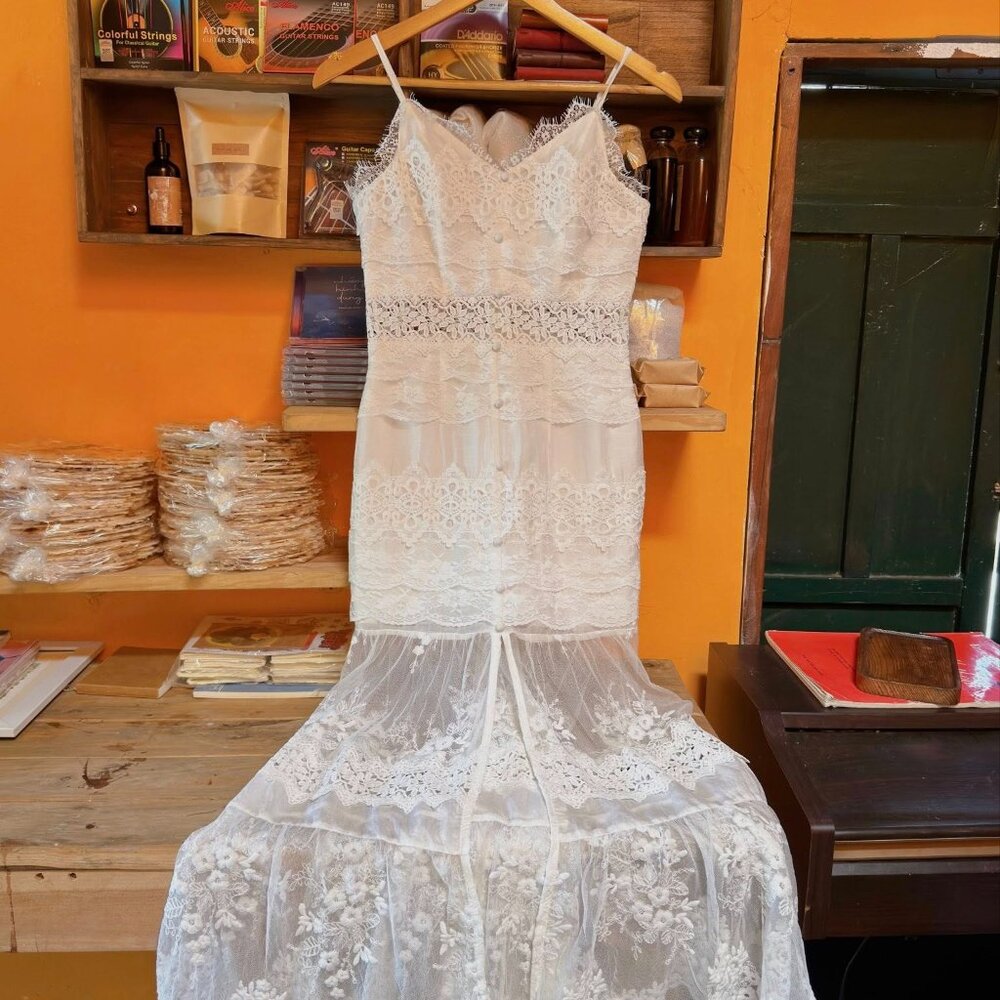 White Lace Mermaid Midi Dress Spaghetti Strap Boho Bridal Formal Dress 🌸